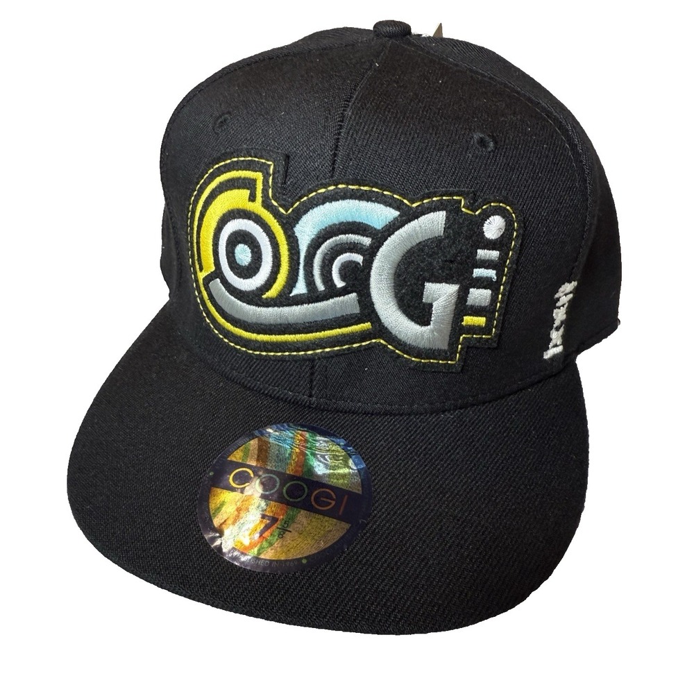 COOGI VTG Men Hat Fitted Black Yellow Abstract Logo Urban Hip Hop 7 5/8 New Y2K